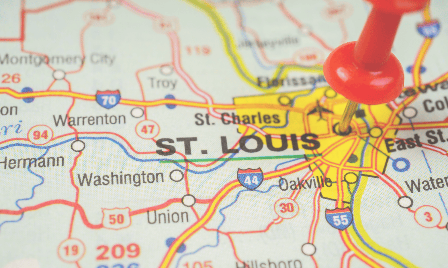 Map of St. Louis area with pin in St. Louis city