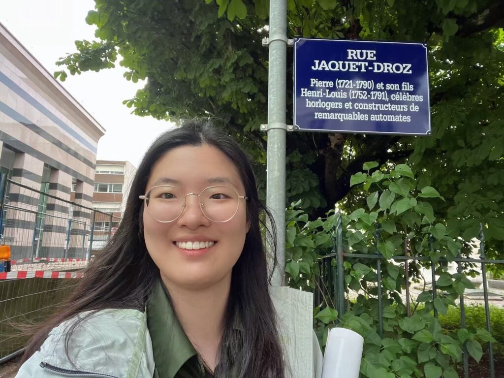 Author in front of Rue Jaquet-Droz