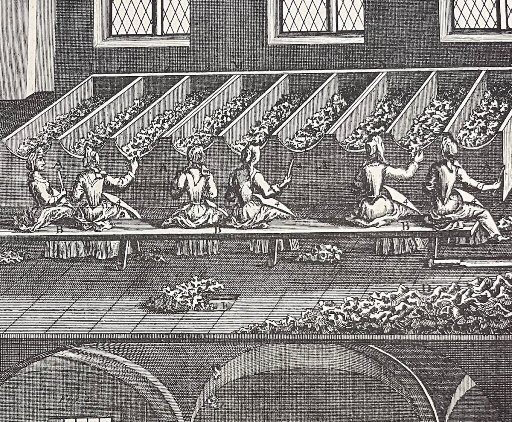 Illustration of women sorting rags for paper making