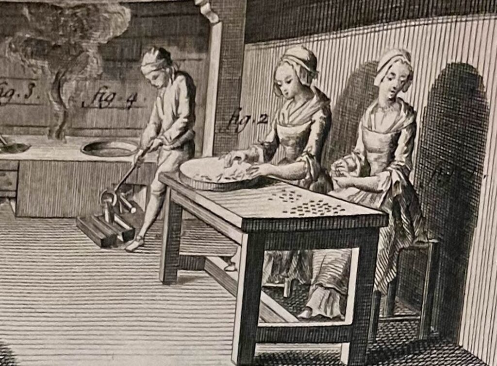 Illustration of women sorting type in a print shop