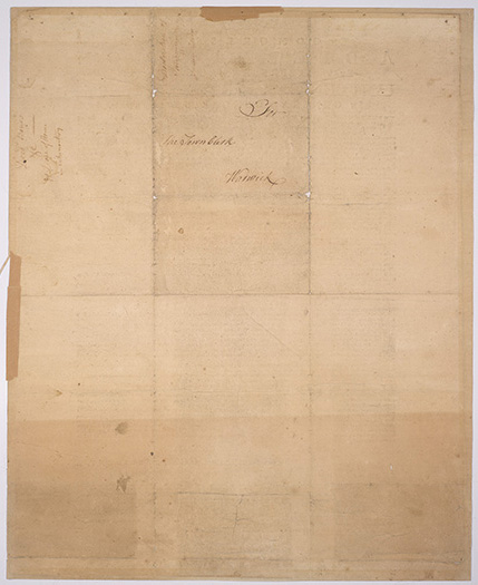 A scan of the back of the Declaration of Independence, which had been folded originally and has some cursive writing on it.