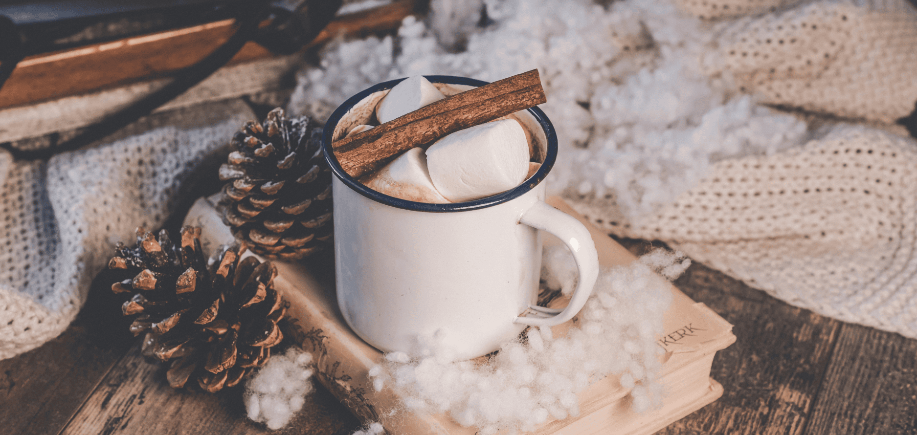 Stock image of a mug of hot chocolate with marshmallows that is sitting on top of a book.