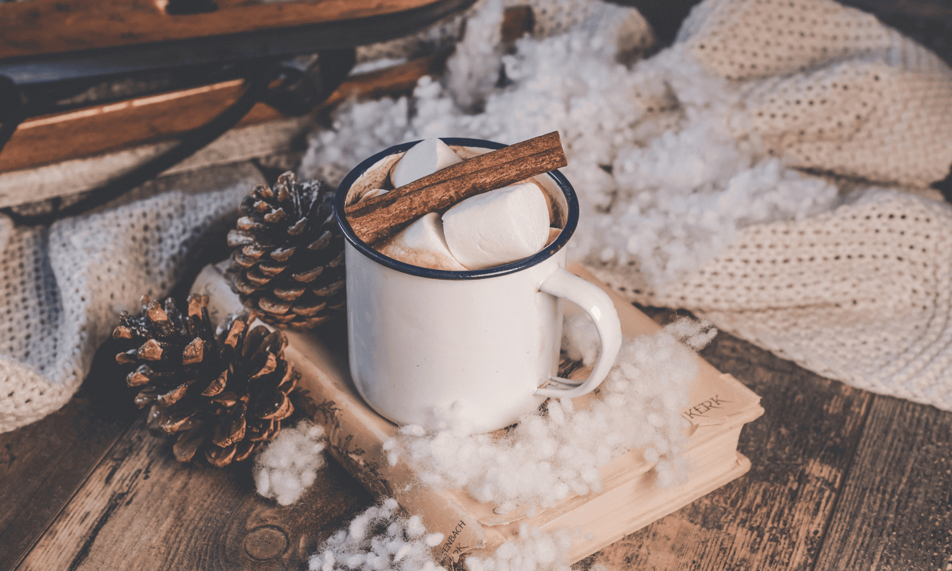 Stock image of a mug of hot chocolate with marshmallows that is sitting on top of a book.