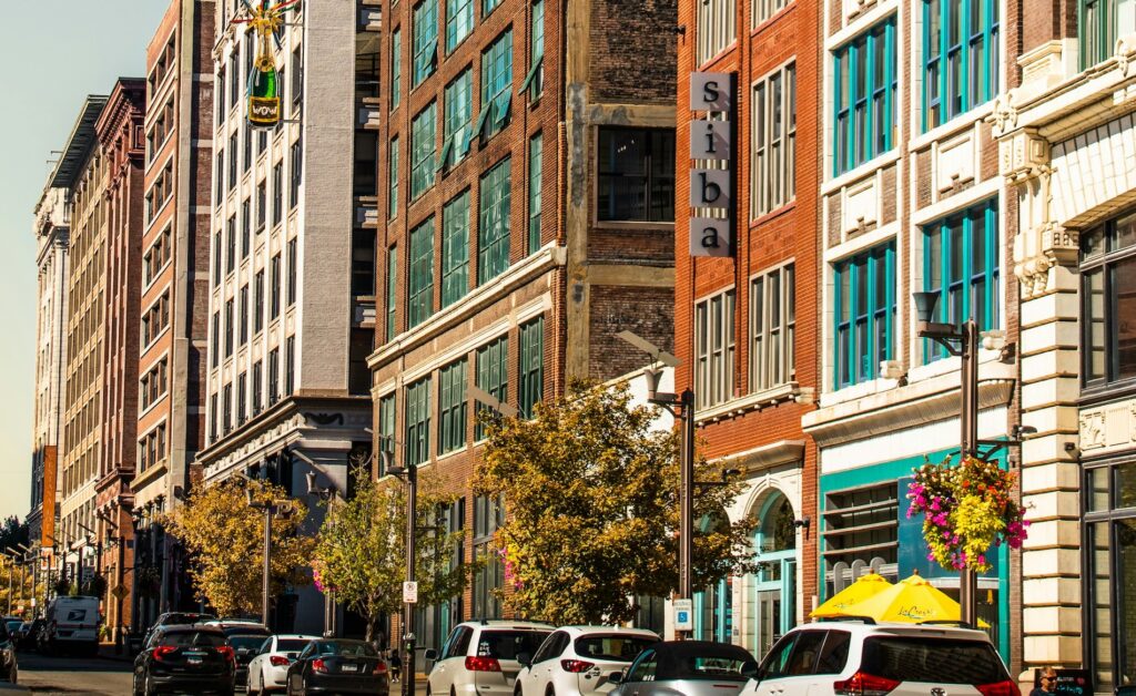 Buildings and cars on a street