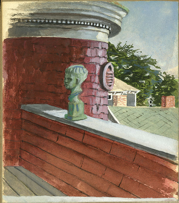Painting of the sculpted bust of a child's head placed on the roof of a house.
