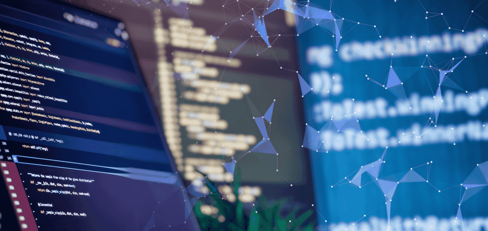 Close-up of computer screens displaying lines of programming code, overlaid with an abstract network of connected dots and lines, suggesting data analysis, artificial intelligence, or digital connectivity.