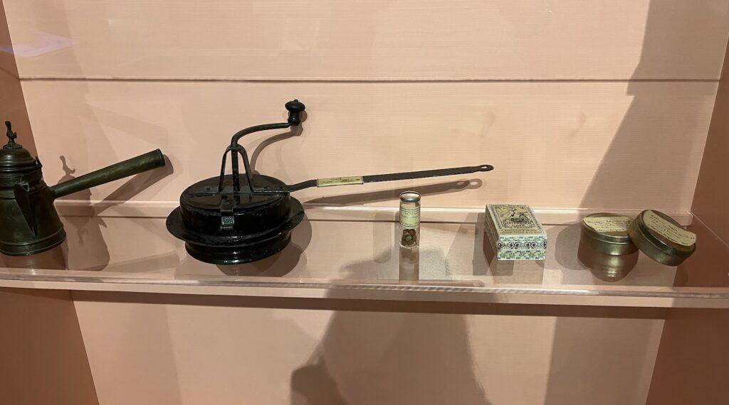 Articles on a museum shelf