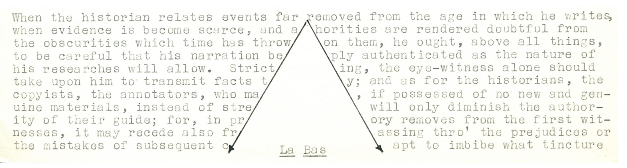 Typed text surrounding an arrowed pyramid with "La Bas" typed in the bottom center.