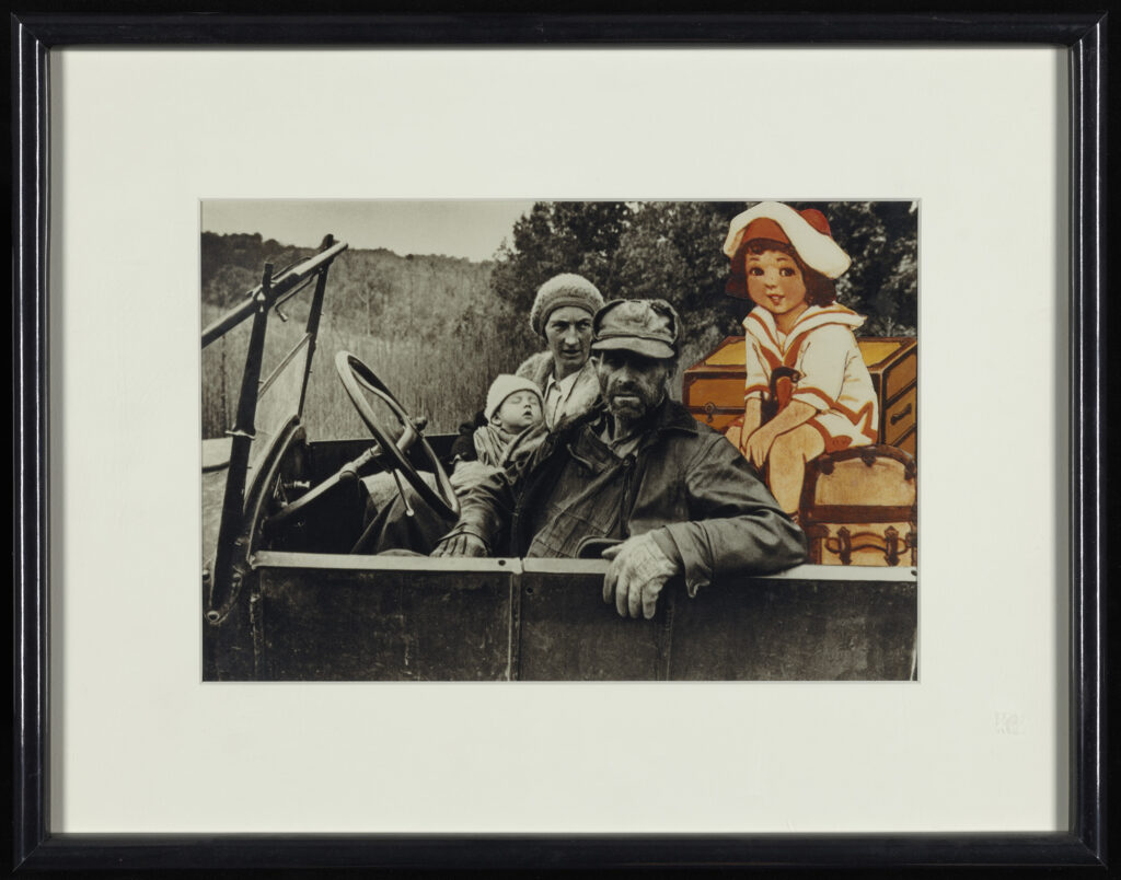 A black-and-white photo of a man, woman, and infant in an old, topless car with a little girl in a uniform and luggage drawn into the backseat. Photo Collage, "Tenant Farmer and Family” (after Dorothea Lange), by Maru Jo Bang (n.d.)
