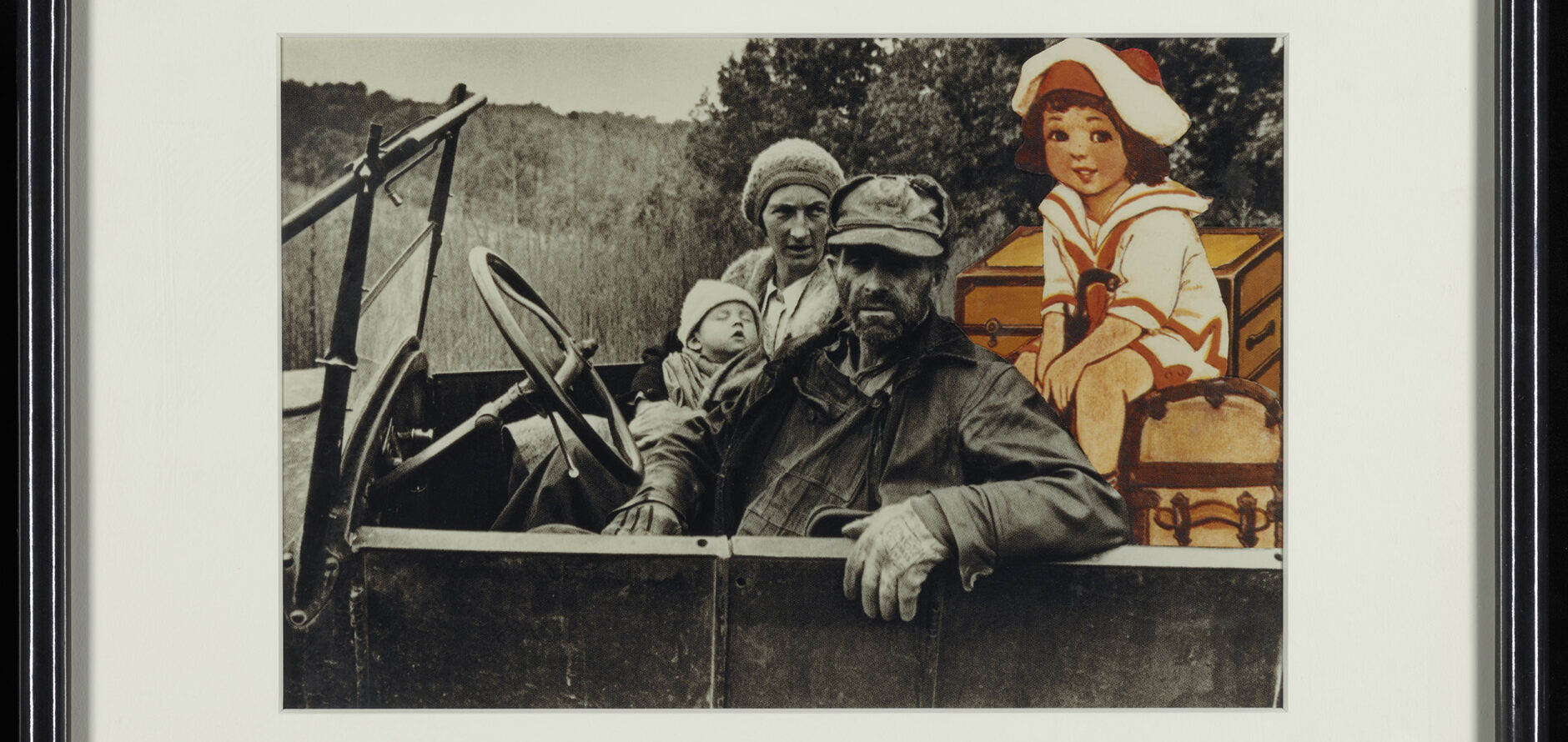 A black-and-white photo of a man, woman, and infant in an old, topless car with a little girl in a uniform and luggage drawn into the backseat. Photo Collage, "Tenant Farmer and Family” (after Dorothea Lange), by Maru Jo Bang (n.d.)