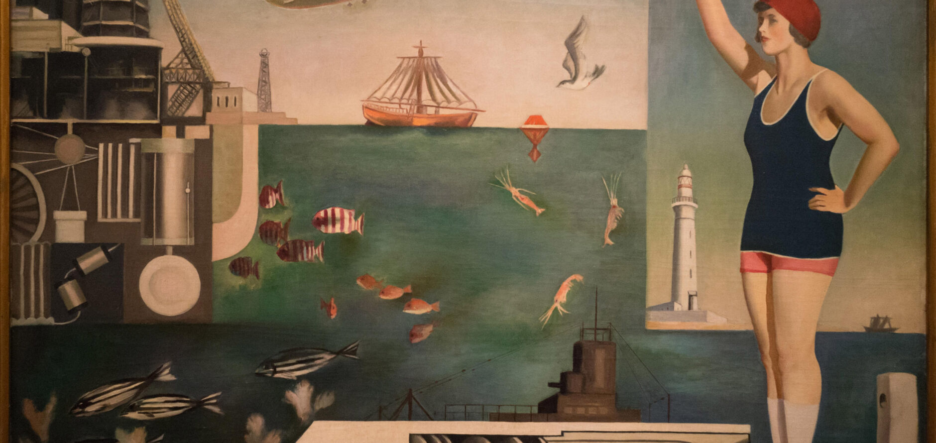 Koga Harue's Sea oil painting, 1929. The Surrealism-inspired painting features a collage of images, paired in lookalikes made up of one natural and one artificial thing—such as a bird and a blimp (flying), a fish and a submarine (swimming), and a woman on the right side and a factory on the left (stand erect).