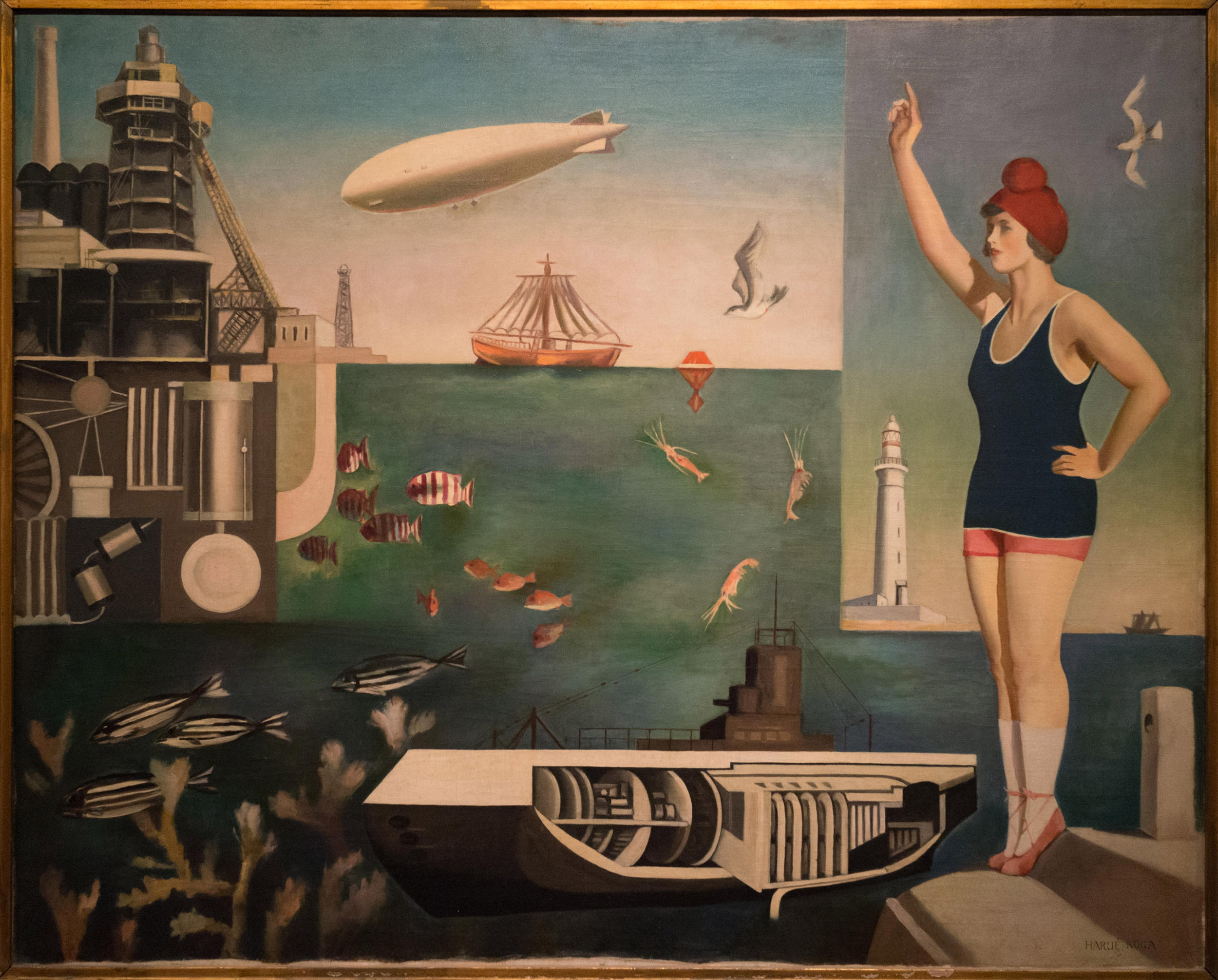 Koga Harue's Sea oil painting, 1929. The Surrealism-inspired painting features a collage of images, paired in lookalikes made up of one natural and one artificial thing—such as a bird and a blimp (flying), a fish and a submarine (swimming), and a woman on the right side and a factory on the left (stand erect).