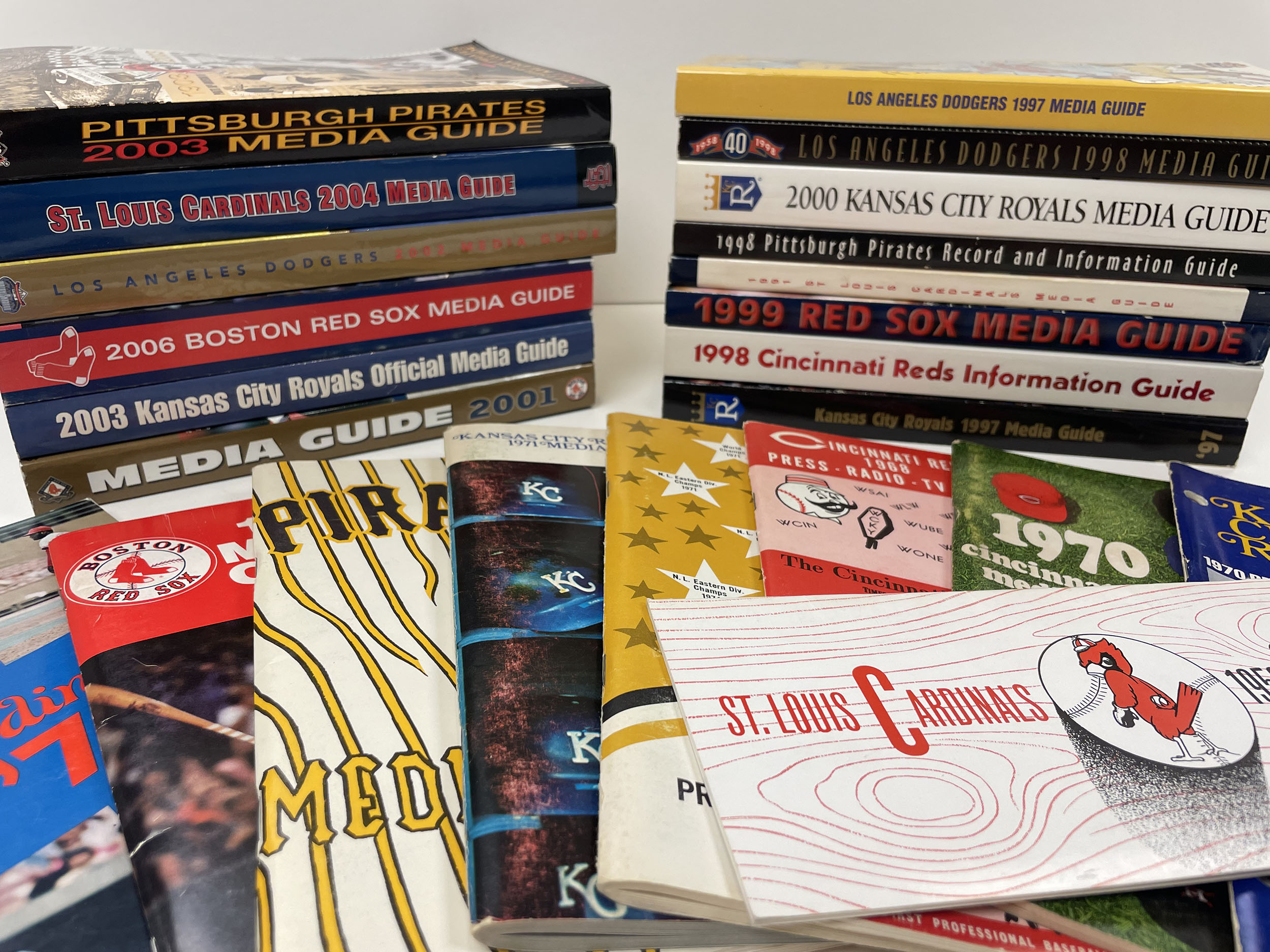 A collection of twenty-plus baseball media and/or information guides, including such teams as the Cardinals, Royals, Dodgers, Red Sox, and more.