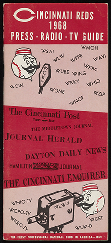 Illustrated brochure for the 1968 Cincinnati Reds that details the press, radio, and TV guide.