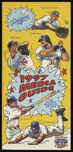 1997 illustrated media guide for the Dodgers. The media guide boasts five straight rookies of the year with action drawings for Todd Hollandsworth, Mike Piazza, Hideo Nomo, Eric Karros, and Raúl Mondesí.