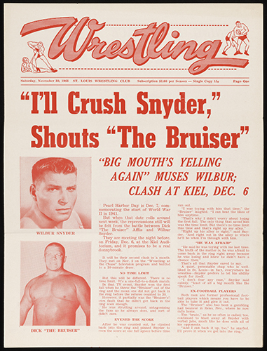 The 30 November 1963 edition of Wrestling from the St. Louis Wrestling Club. The main headline is "I'll Crush Snyder," Shouts "The Bruiser."