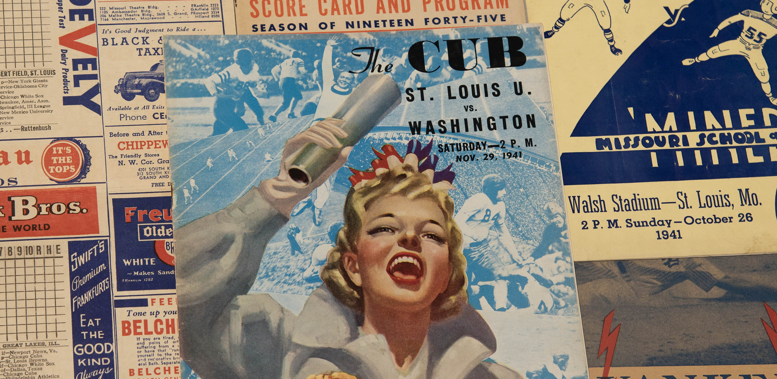 Collage of brochures with the 29 November 1941 The Cub pamphlet prominently featured with a female fan cheering on and the "St. Louis U VS Washington Saturday at 2 PM" game noted.