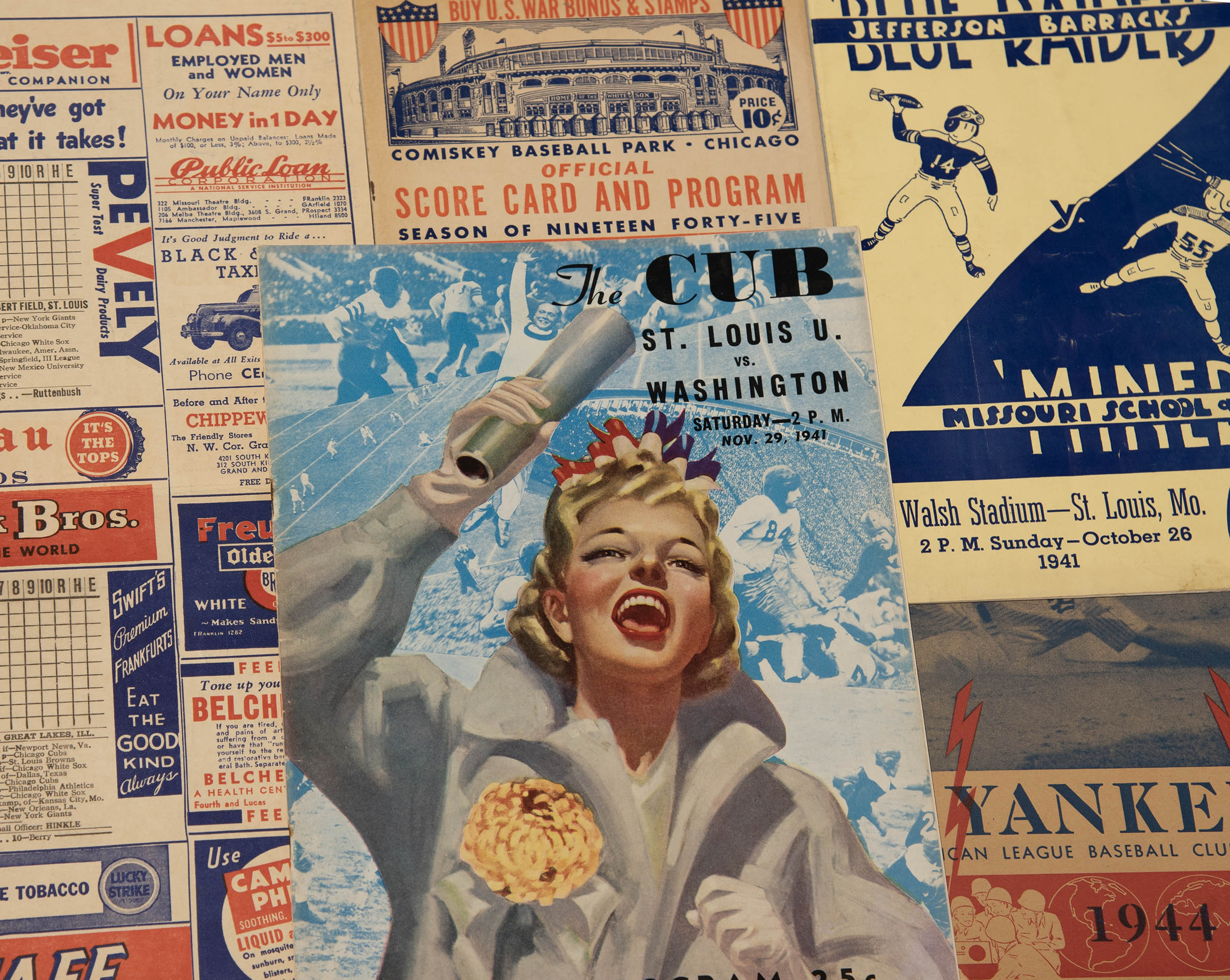 Collage of brochures with the 29 November 1941 The Cub pamphlet prominently featured with a female fan cheering on and the "St. Louis U VS Washington Saturday at 2 PM" game noted.