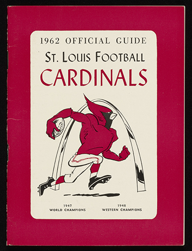 1962 Official Guide for St. Louis Football Cardinals brochure with an anthropomorphic, illustrated cardinal running with a football under the arch.