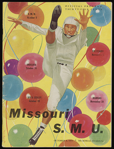 The Missouri S.M.U. official program (thirty-five cents) at Memorial Stadium for 9 October 1954. The program has an illustrated player mid-kick amongst balloons.