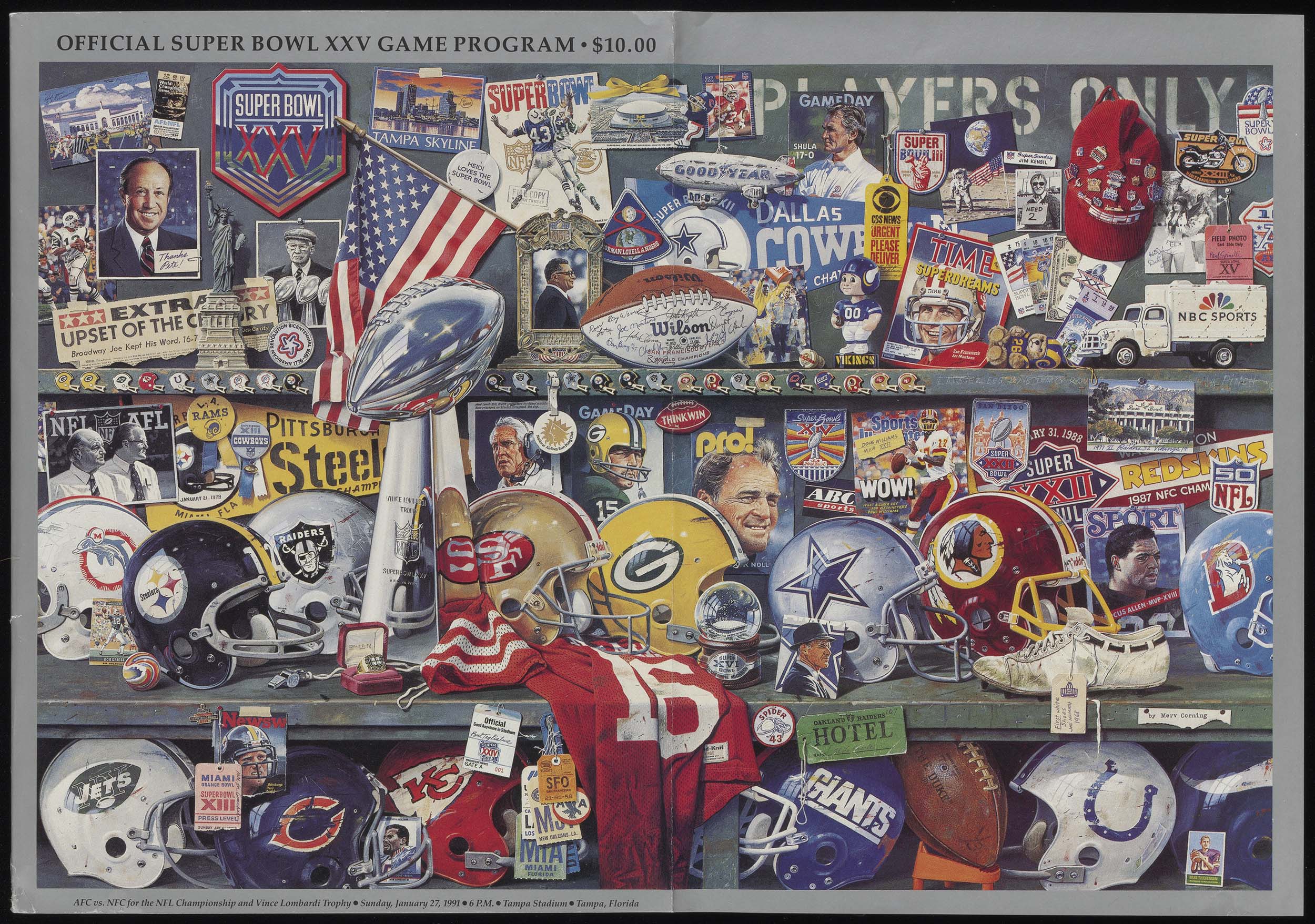 The Official Super Bowl XXV Game Program ($10) featuring a collage of team memorabilia.