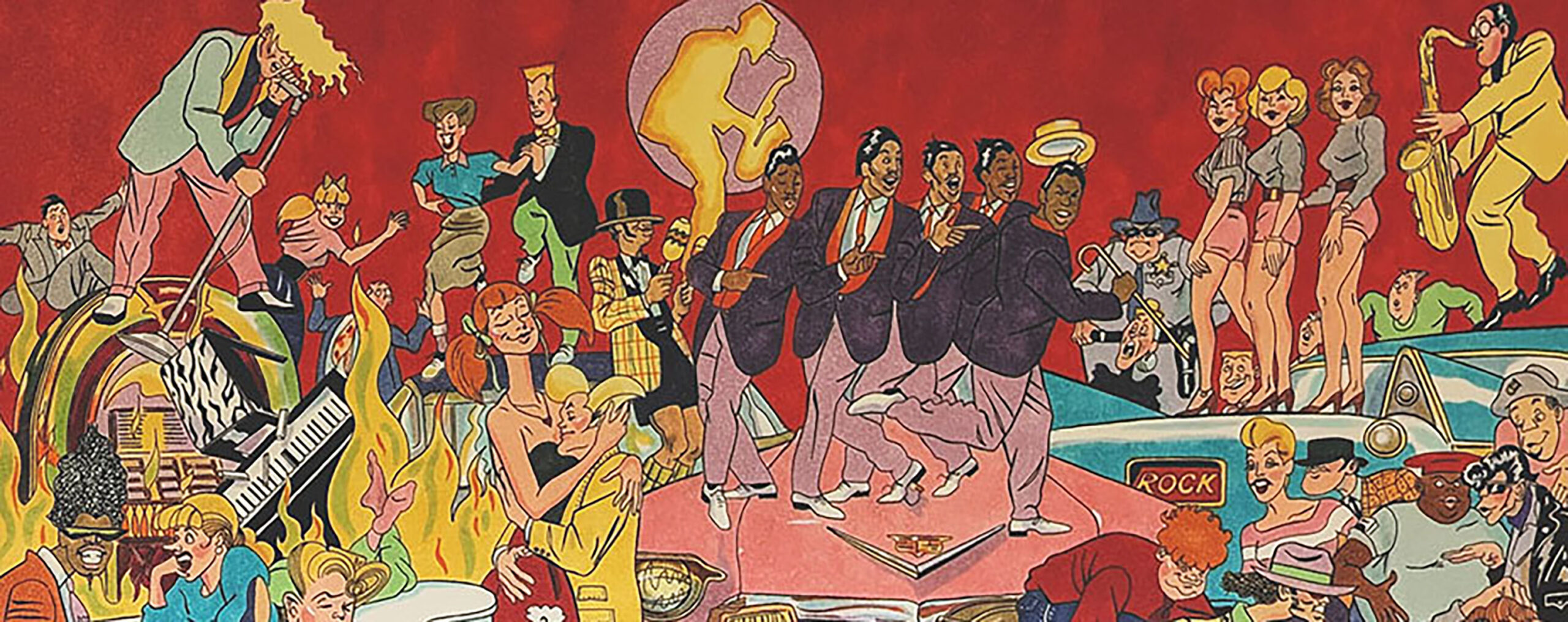 Header art depicts a single piece of artwork with an array of characters drawn by Nicky Zann.