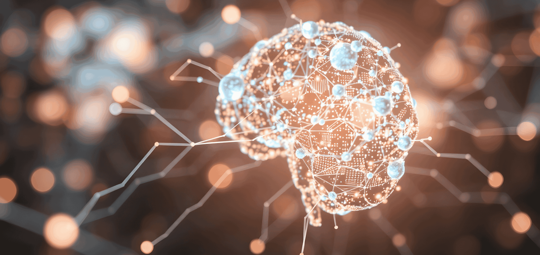 Glowing, stylized digital brain made of interconnected light nodes and lines, floating against a softly blurred background with warm and cool tones, representing artificial intelligence or neural networks.