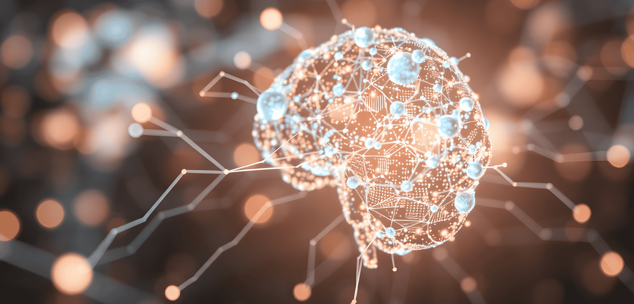 Glowing, stylized digital brain made of interconnected light nodes and lines, floating against a softly blurred background with warm and cool tones, representing artificial intelligence or neural networks.