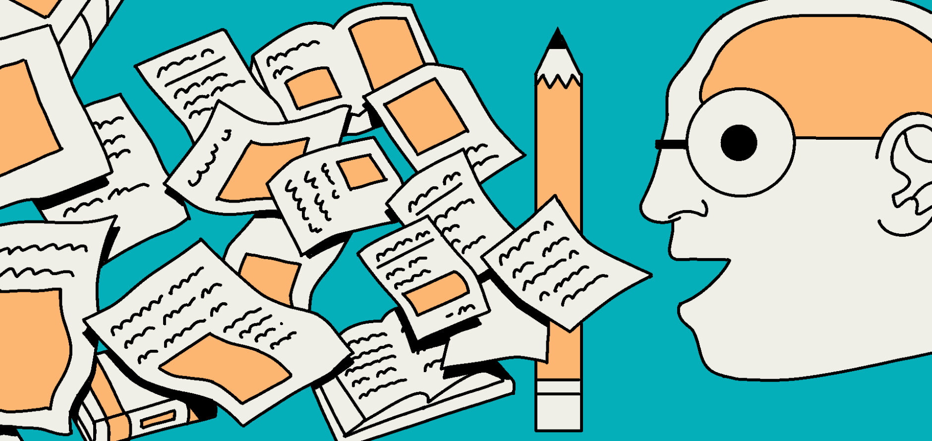 Illustration of a head with glasses speaking with a pencil and paper coming out of their mouth.