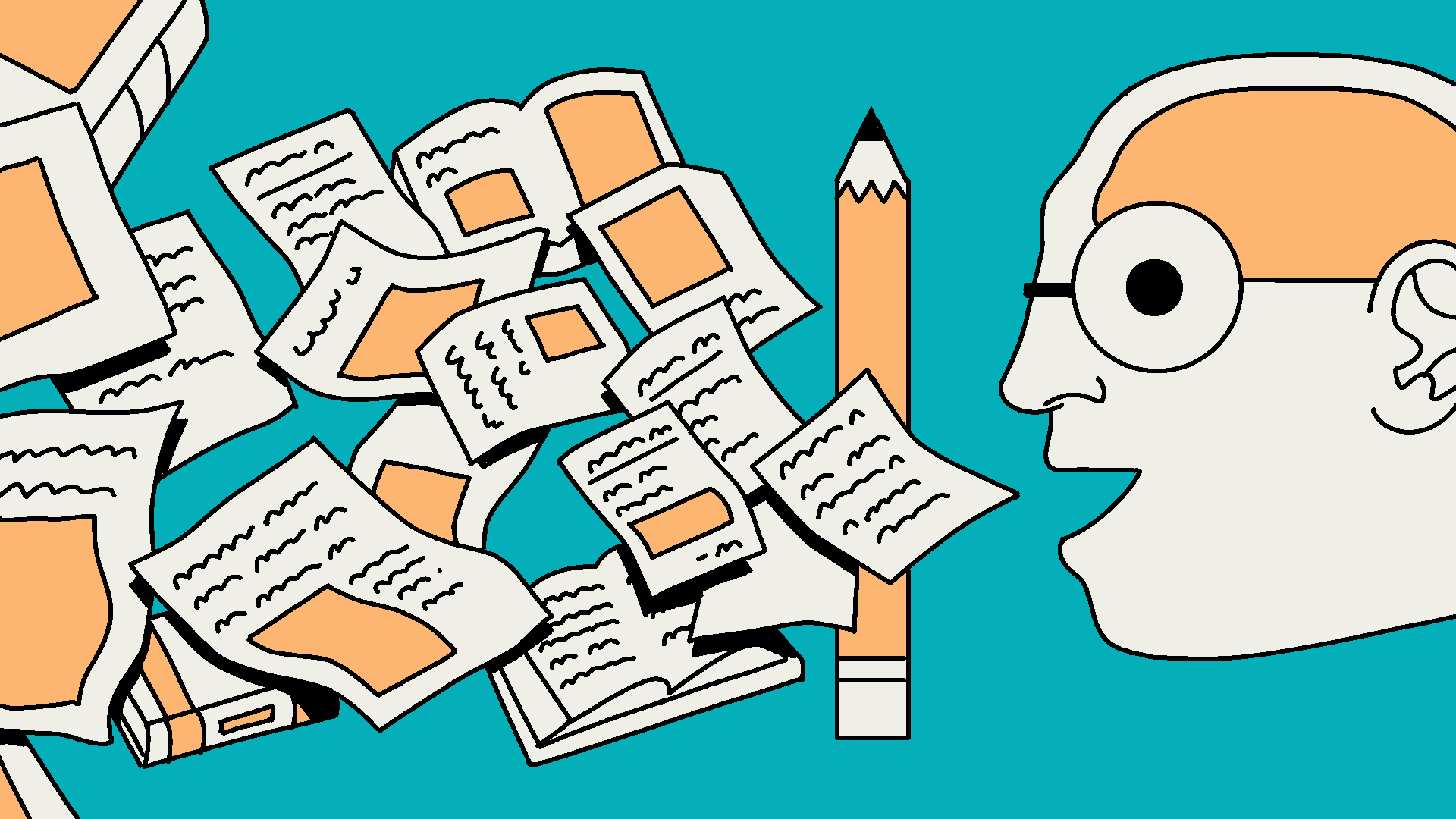 Illustration of a head with glasses speaking with a pencil and paper coming out of their mouth.