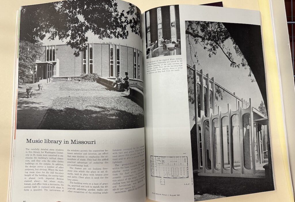 Spread with B%W photos of Gaylord Music Library in Architecture Forum magazine, 1961