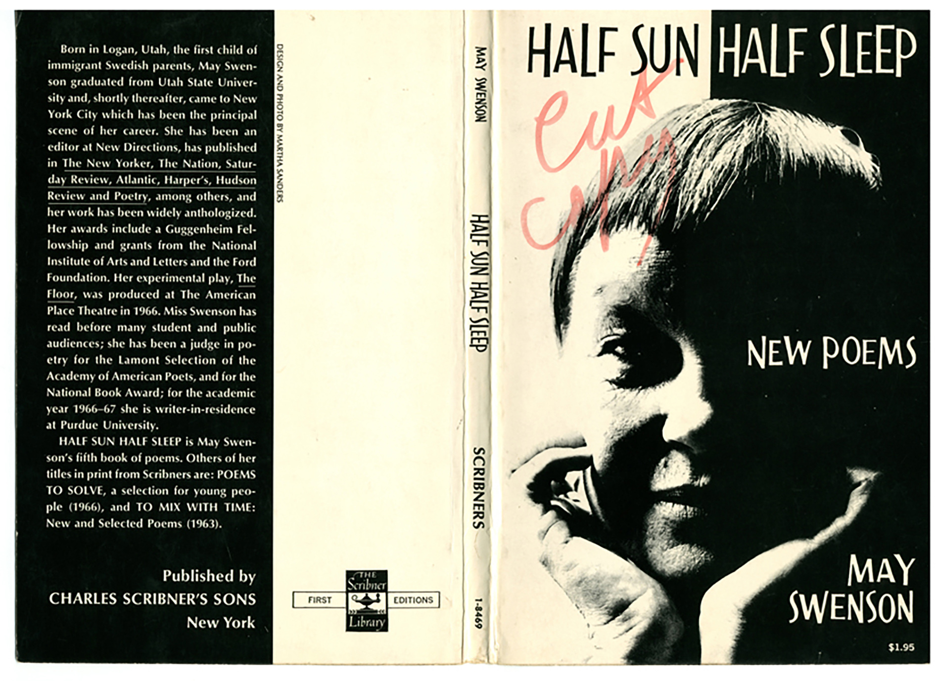 Book jacket front and back, with the front showing the Half Sun Half Sleep New Poems by May Swenson ($1.95) title information and a photo of Swenson with her head held in her hands half in light (sun) and half in shade (sleep). The back cover has an author's blurb and publishing house information.