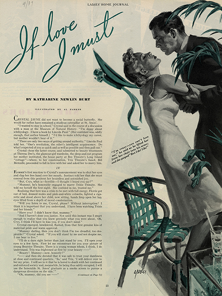An illustration of a woman in a shift dress with her hat falling off being gripped and lifted by a man in a suit. The illustration is alongside an article on page 23 of the Ladies' Home Journal titled "If Love I Must."