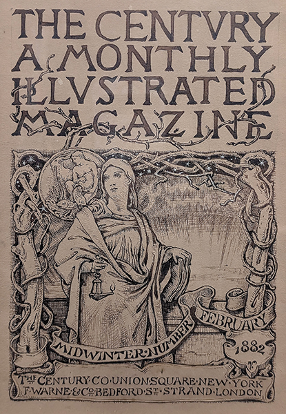 Ink on paper drawing of a woman standing with lamp and book with "The Centvry a monhly illvstrated magazine midwinter number February 1882" included on the cover.