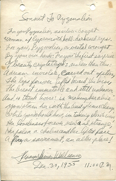 A pencil draft of Sonnet to Pygmalion written in cursive. The draft is signed by Williams and is dated December 30, 1935, 11 PM.