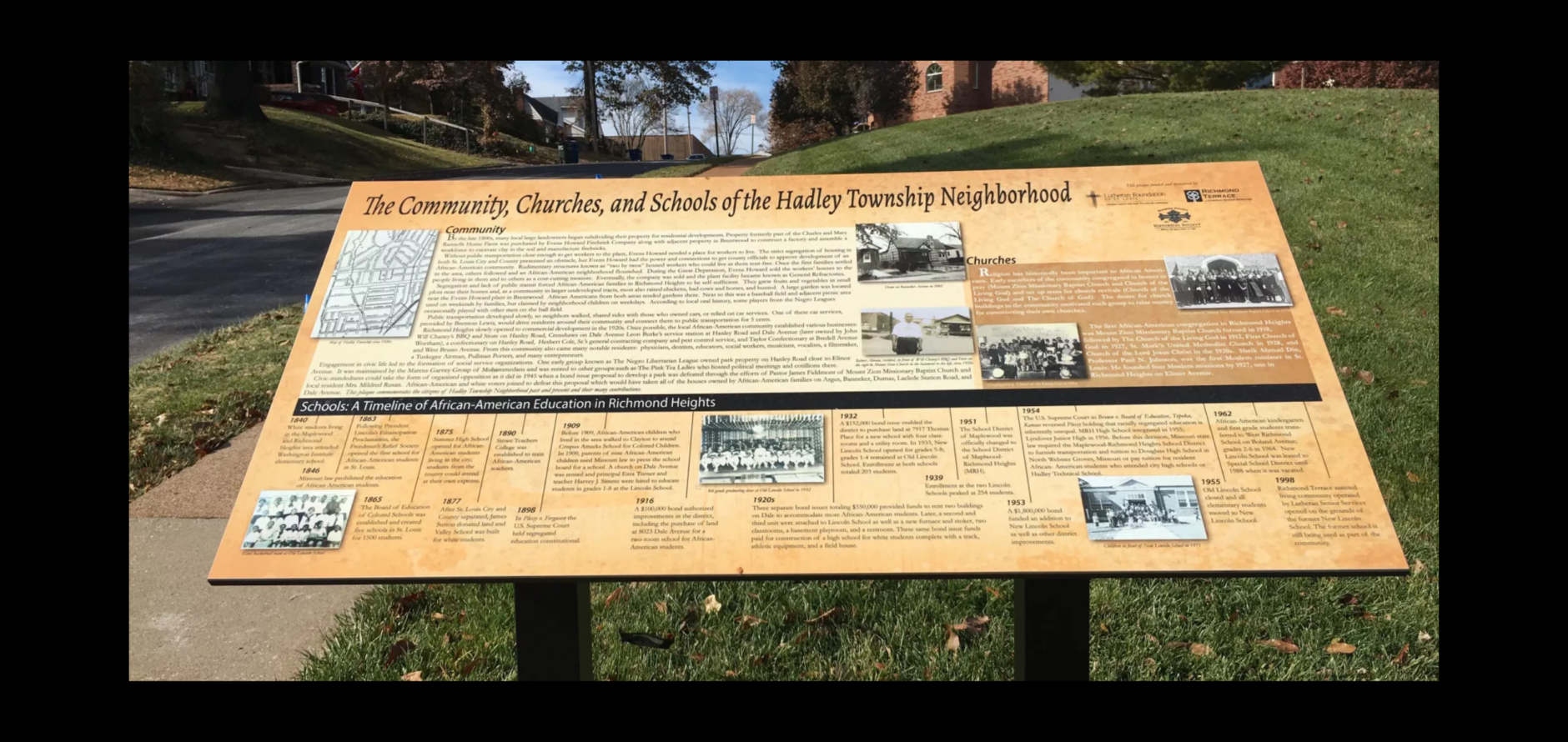 A plaque memorializing Hadley Township neighborhood in Richmond Heights. The historic African American neighborhood was one of a handful of places African Americans could live. Marissanne Lewis-Thompson | St. Louis Public Radio