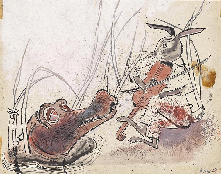 Drawing of a rabbit in a suit seated in long grass playing a violin/fiddle near an alligator's head coming out of water.