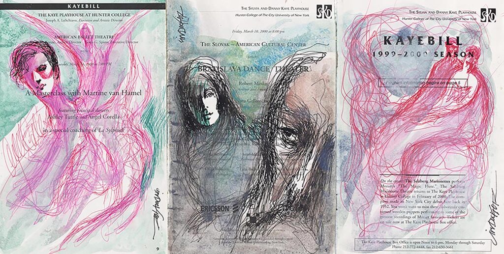 An expanded three-fold playbill for the Kayebill 1999-2000 season with sketched silhouettes done in red and black.