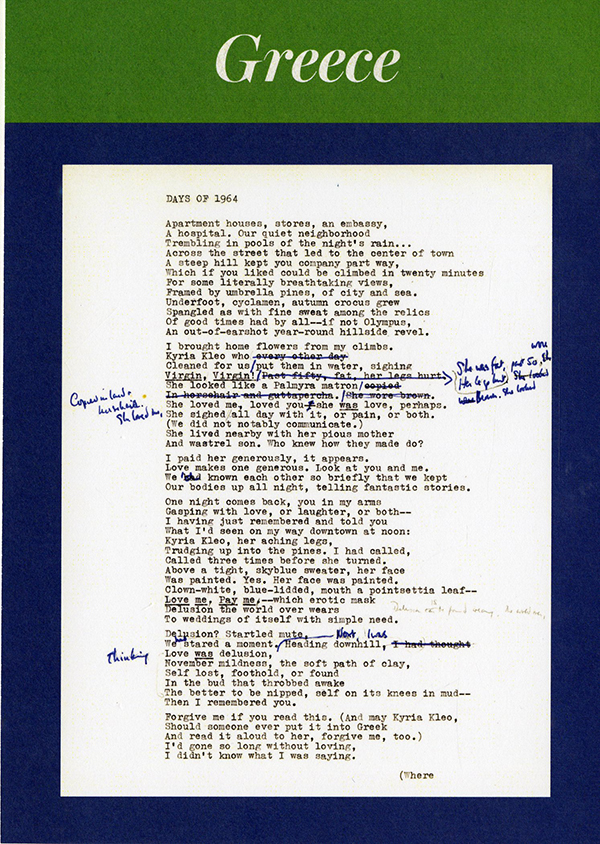 Typed draft of "Days of 1964" from Merrill's time in Greece with edits written in pen.