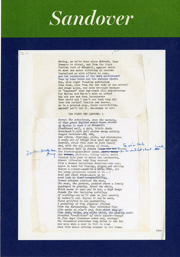 A page with the draft of Merrill's Sandover typed with edits written in pen.
