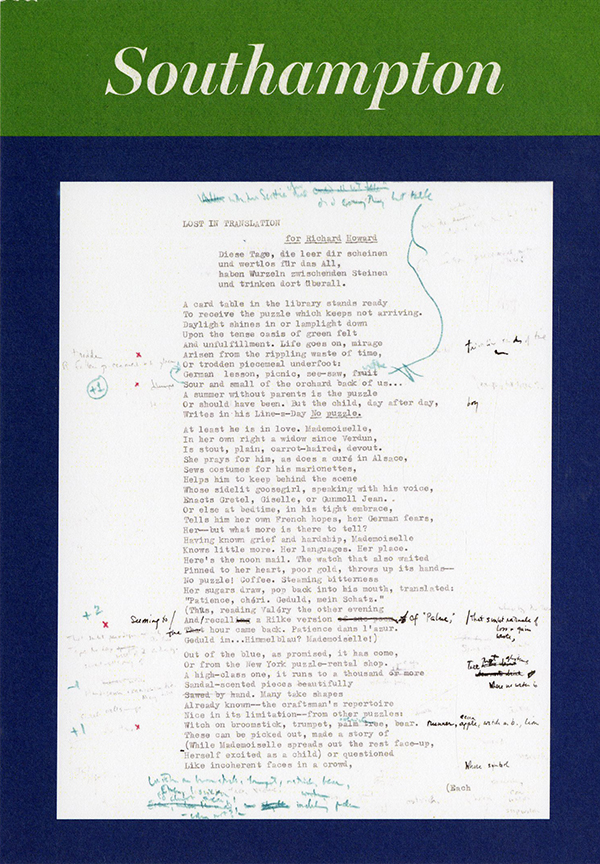 Typed draft of "Lost in Translation" with three different edits written in black, blue, and red pen.