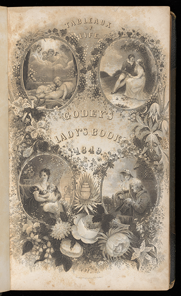 Illustrated title page with four slice of life cutouts depicting two children sleeping, a couple wooing, a mother and infant, and an elderly couple all surrounded by flowers in bloom.