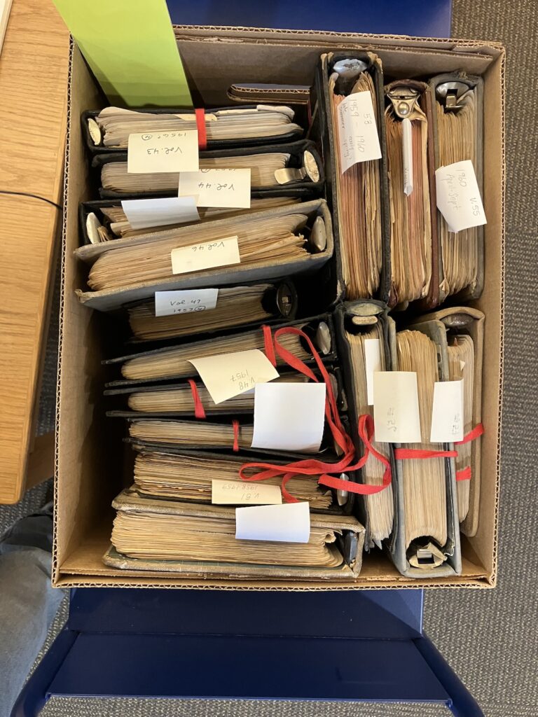 A cardboard box with files