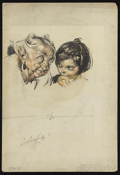 A young girl with a donut looks at an older woman to her left.