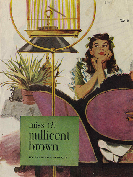 Cover of Miss (?) Millicent Brown by Cameron Hawley where a girl with ribbons in her hair sits contemplating a bird cage.