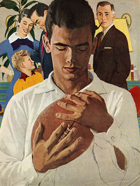 Teenage boy holding a football in the foreground with parents, a younger boy, and an older man smoking a pipe in the background.