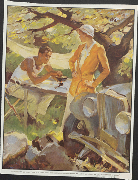 A man and woman at a table outside with the front hood of a car in the foreground.