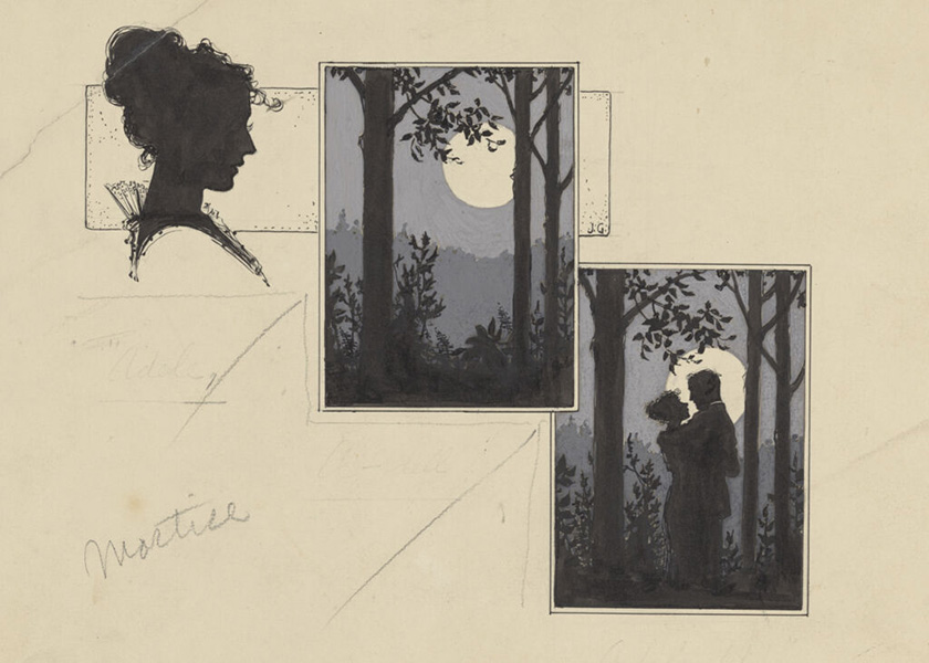 Sketch of a woman in cameo with two forest scenes sketched after, one with a couple dancing in moonlight.