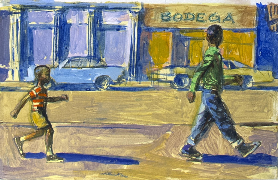 Robert Weaver artwork of to Black boys walking on a sidewalk in front of a bodega.