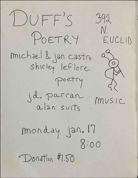 Handwritten flyer on an A4 paper for Duff's Poetry hosted on 17 January of an indeterminable year. A note for donations of $1.50 is included.